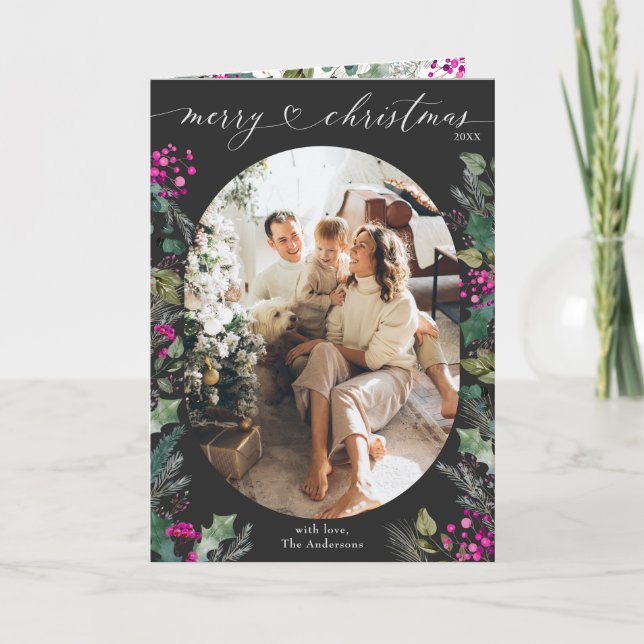 Tarjeta Navidades de fotografía de Oval, Boho gris oscuro  (Anverso)