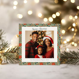 Tarjeta Navidades de fotografía de Sage Green y Red Poinse