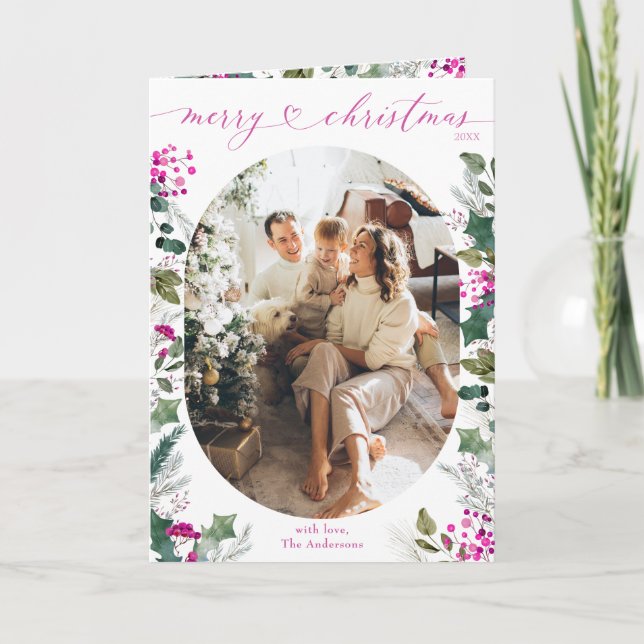 Tarjeta Navidades de fotografía singulares rosados doblado (Anverso)