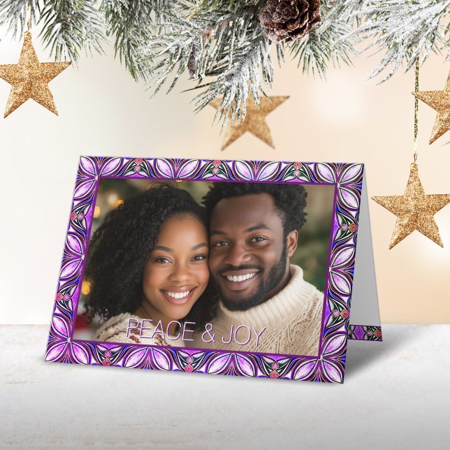 Tarjeta Navidades de fotos de paz y alegría rosada (Subido por el creador)