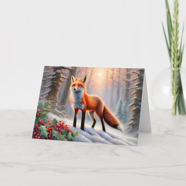 Tarjeta Navidades de Fox Holly Berries en invierno mágico (Anverso)