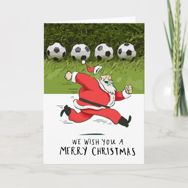 Tarjeta Navidades de fútbol con Santa Claus jugando al bal (Anverso)