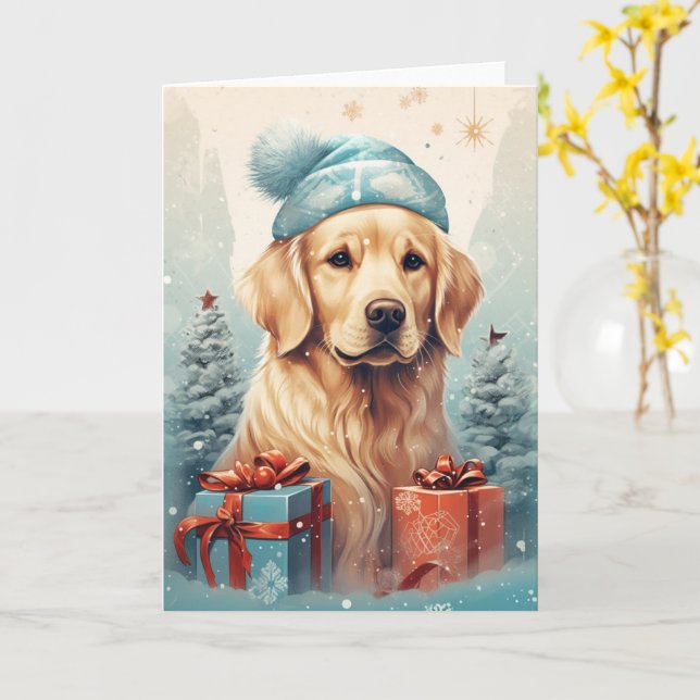 Tarjeta Navidades de Golden Retriever - Santa Hat y Sn (flor amarilla)