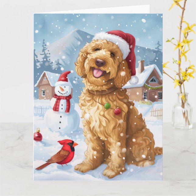 Tarjeta Navidades de Goldendoodle Winter Wonderland disfru (flor amarilla)