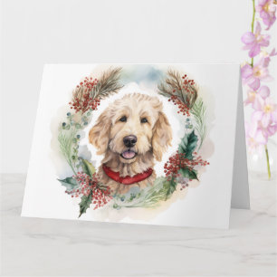 Tarjeta Navidades de Goldendoodle Wreath Festial Pup