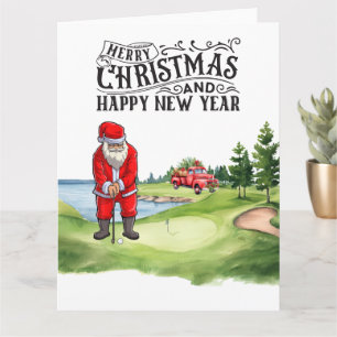 Tarjeta Navidades de golf Santa Claus con camión rojo en v