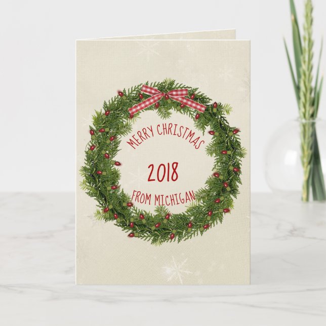 Tarjeta Navidades de guirnalda de pino con luces rojas (Anverso)