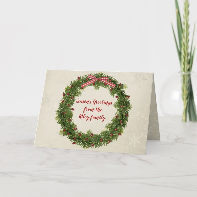 Tarjeta Navidades de guirnalda de pino con luces rojas y a (Anverso)