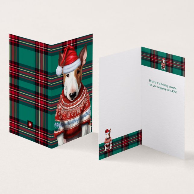 Tarjeta Navidades de Holiday Bull Terrier Dog Red Green Pl (Interior y exterior)