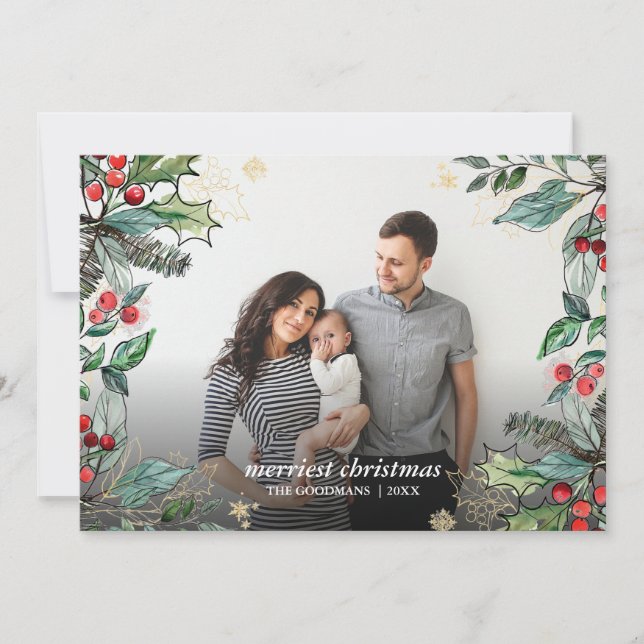 Tarjeta Navidades de Holly Berries enmarcados con festivid (Anverso)