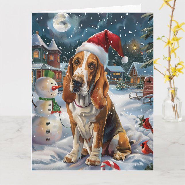 Tarjeta Navidades de Invierno Basset Hound Dog Wonderland (flor amarilla)
