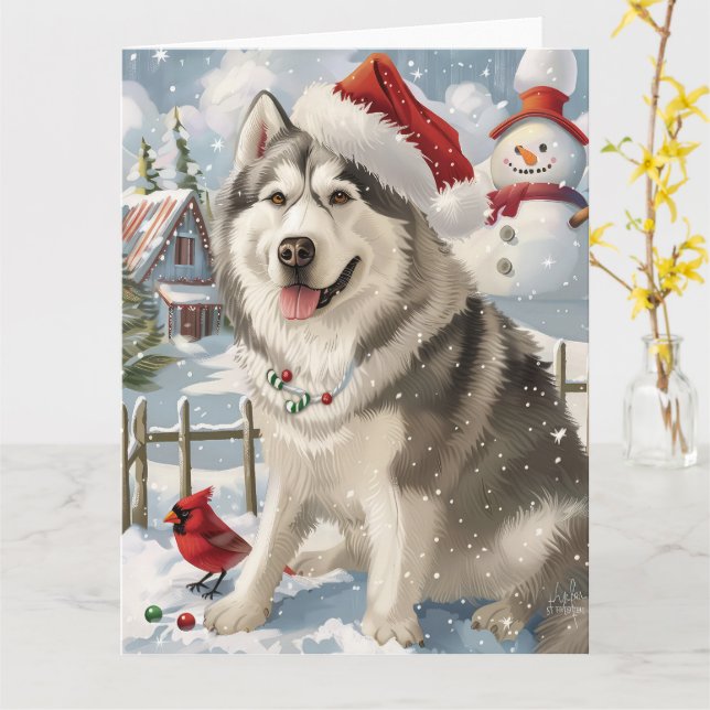 Tarjeta Navidades de invierno de Alaskan Malamute Dog Wond (flor amarilla)