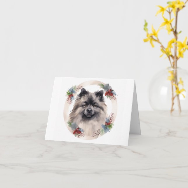 Tarjeta Navidades de Keeshond Wreath Festive Pup (flor amarilla)
