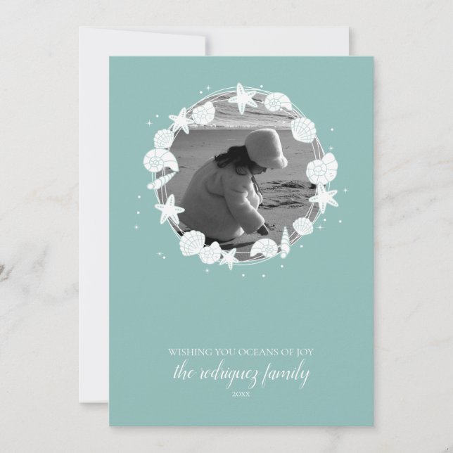 Tarjeta Navidades de la concha costera de Wreath Photo (Anverso)