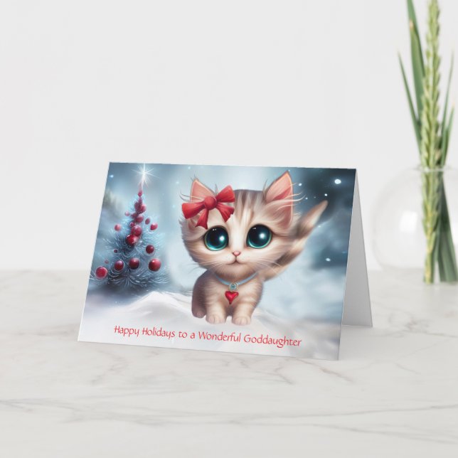 Tarjeta Navidades de la diosa festividad con un gato lindo (Anverso)