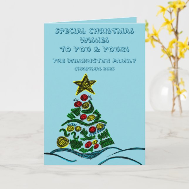 Tarjeta Navidades de la familia de los árboles artesanales (flor amarilla)