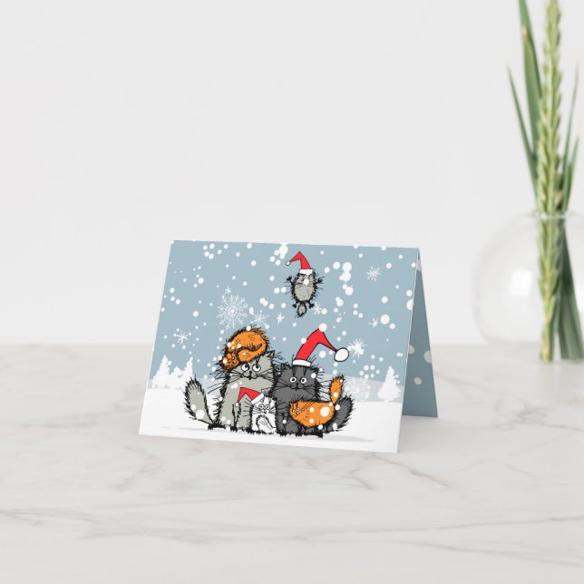 Tarjeta Navidades de la familia del gato, nieve, personali (Anverso)