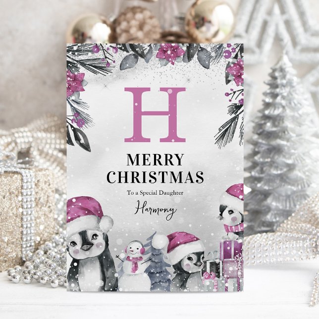 Tarjeta Navidades de la hija de un pingüino rosado (Subido por el creador)