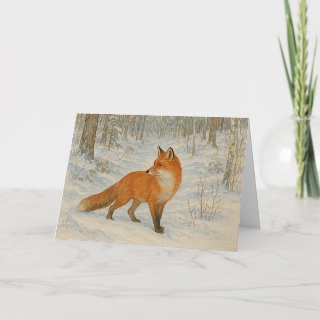 Tarjeta Navidades de la nieve de Fox en invierno (Anverso)