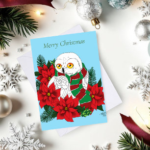 Tarjeta Navidades de la Poinsettias Rojas de Lechuza Nevad