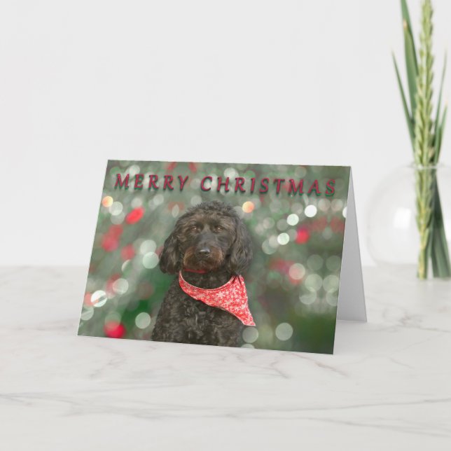 Tarjeta navidades de labradoodle de perro negro (Anverso)