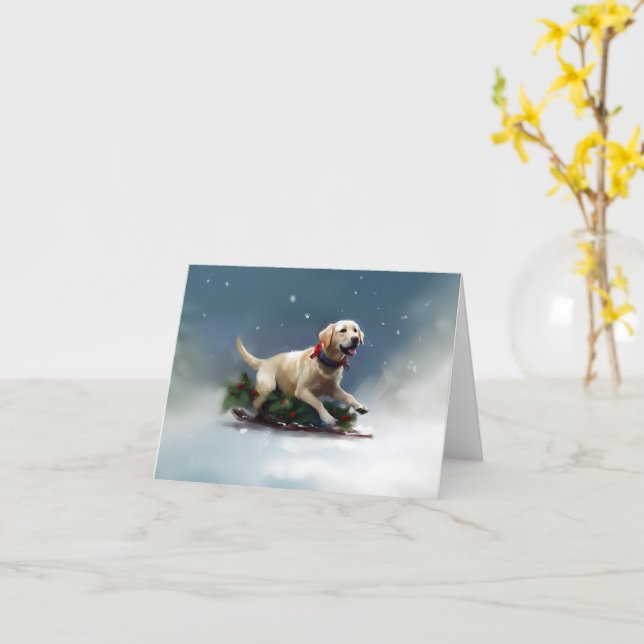 Tarjeta Navidades de Labrador en invierno (flor amarilla)