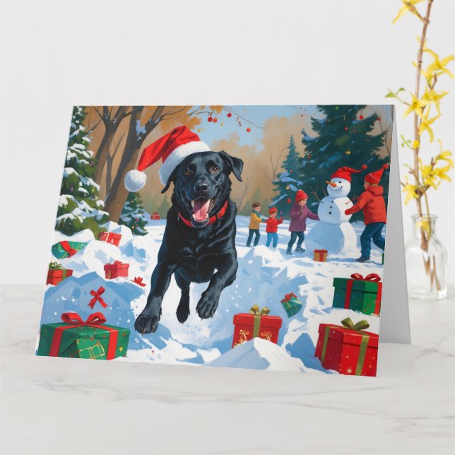 Tarjeta Navidades de Labrador Negro festejan escena de nie (flor amarilla)