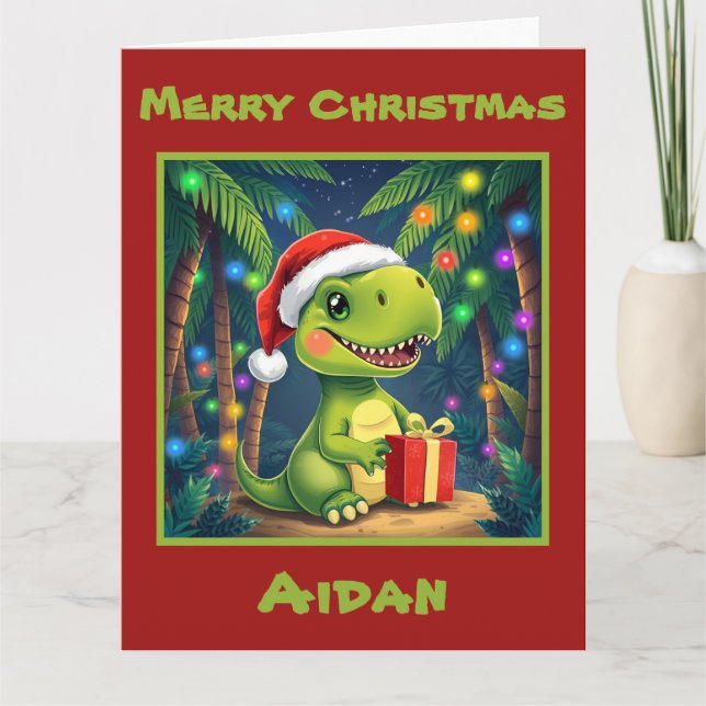 Tarjeta Navidades de los dinosaurios festivos (Anverso)