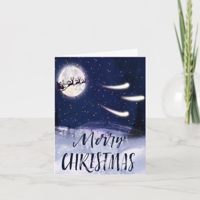 Tarjeta Navidades de luna llena de reno de Santa Sleigh (Anverso)