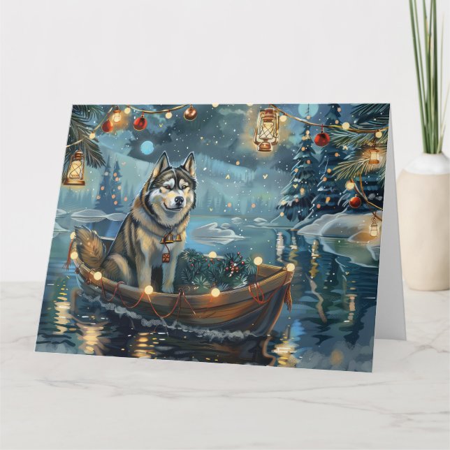 Tarjeta Navidades de Malamute de Alaska en un viaje festiv (Anverso)