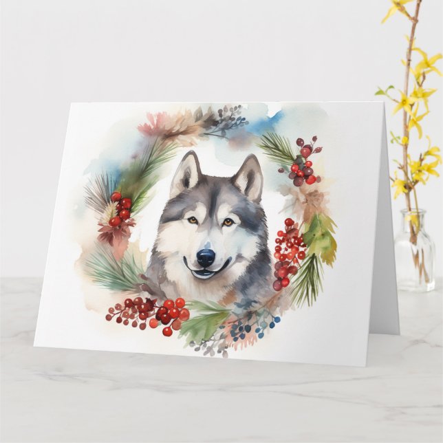 Tarjeta Navidades de Malamute de Alaska escribieron presen (flor amarilla)