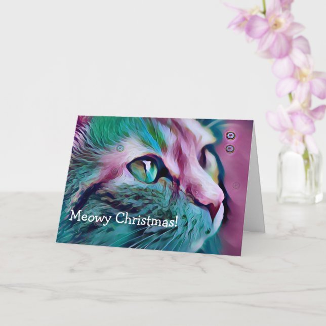 Tarjeta Navidades de Meowy, arte de gato rosa y Verde azul (Orquídea)