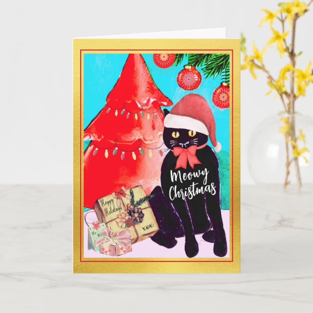Tarjeta Navidades de Meowy, un gato negro bonito (flor amarilla)