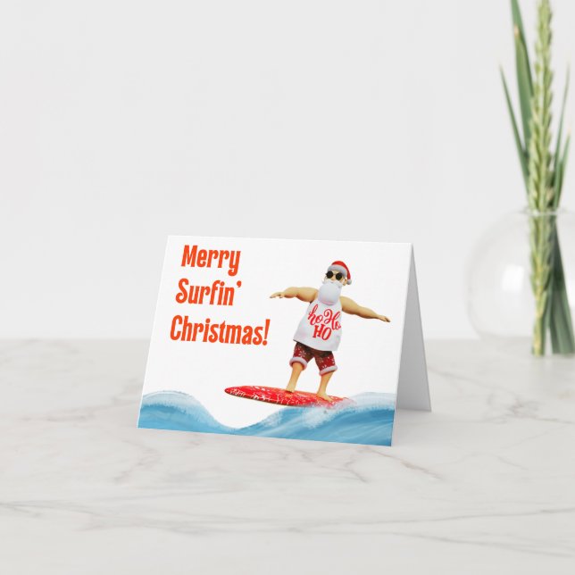 Tarjeta Navidades de Merry Surfin en tabla de surf (Anverso)