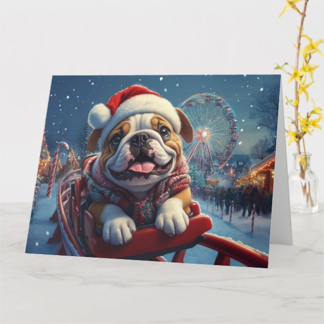 Tarjeta Navidades de montaña rusa de bulldog (flor amarilla)