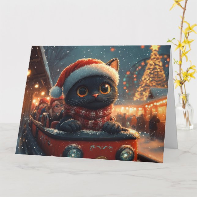 Tarjeta Navidades de montaña rusa de rollo de gato negro (flor amarilla)