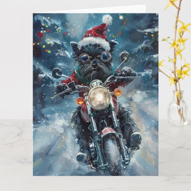 Tarjeta Navidades de motocicleta Affenpinscher Dog Riding (flor amarilla)
