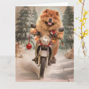 Tarjeta Navidades de motocicleta Chow Chow Dog Riding