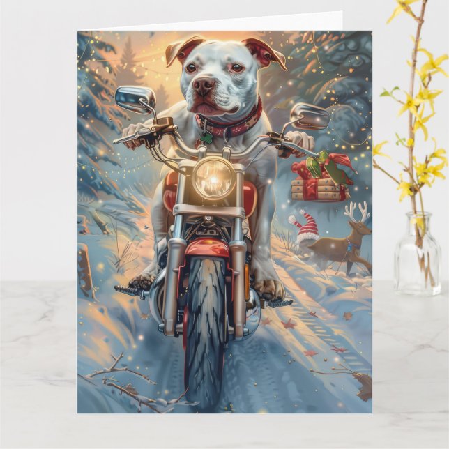 Tarjeta Navidades de motocicleta de American Staffordshire (flor amarilla)