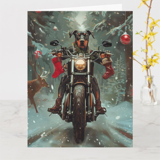 Tarjeta Navidades de motocicleta Doberman Dog Riding (flor amarilla)