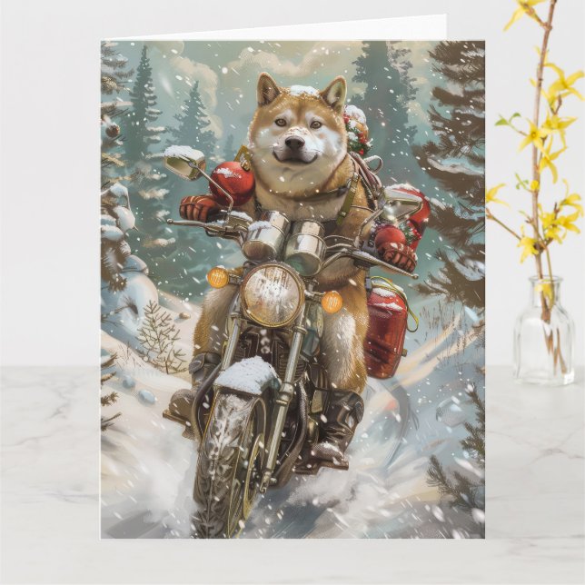 Tarjeta Navidades de motocicletas Akita Dog Riding (flor amarilla)