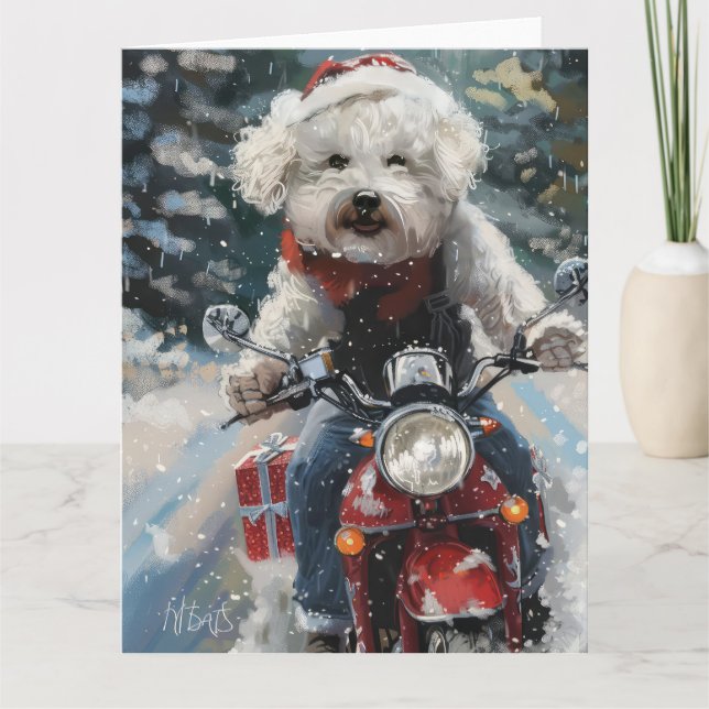 Tarjeta Navidades de motocicletas Bichon Frise Dog Riding (Anverso)