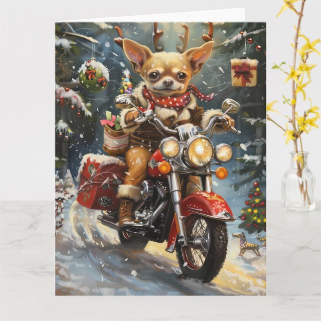 Tarjeta Navidades de motocicletas Chihuahua Dog Riding (flor amarilla)