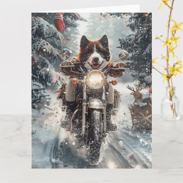 Tarjeta Navidades de motocicletas de American Akita Dog Ri (flor amarilla)