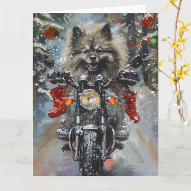 Tarjeta Navidades de motocicletas Keeshond Dog Riding (flor amarilla)