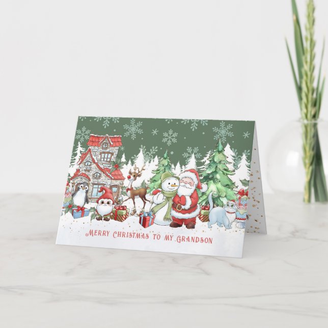 Tarjeta Navidades de nietos Santa Snowman Rudolph (Anverso)