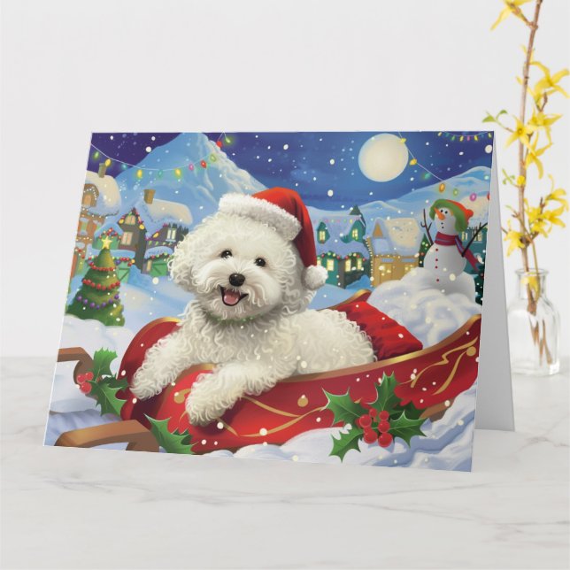 Tarjeta Navidades de Nieve de Bichon Frise Dog en Sleigh (flor amarilla)