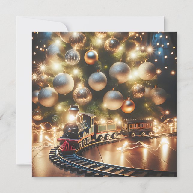 Tarjeta Navidades de oro anticuados entrenan bajo el árbol (Anverso)
