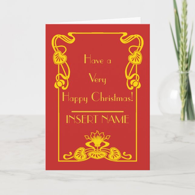 Tarjeta Navidades de oro rojo caligrafía Art Deco (Anverso)