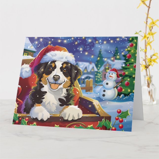 Tarjeta Navidades de Pastor Australiano en Nieve de Sleigh (flor amarilla)
